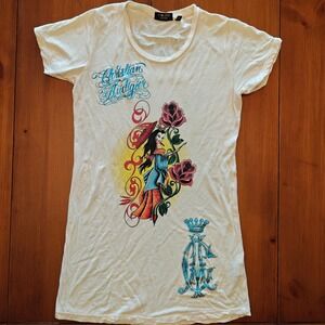 Christian Audigier Long Baby Tee Womens Large Graphic Roses Tattoo 90's Y2k VTG